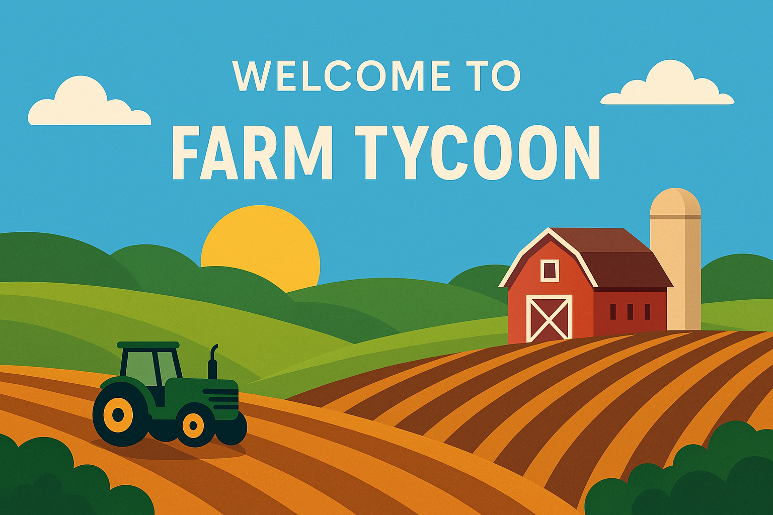 Farm Tycoon Hero Image - A farm scene with a tractor, barn, and fields.
